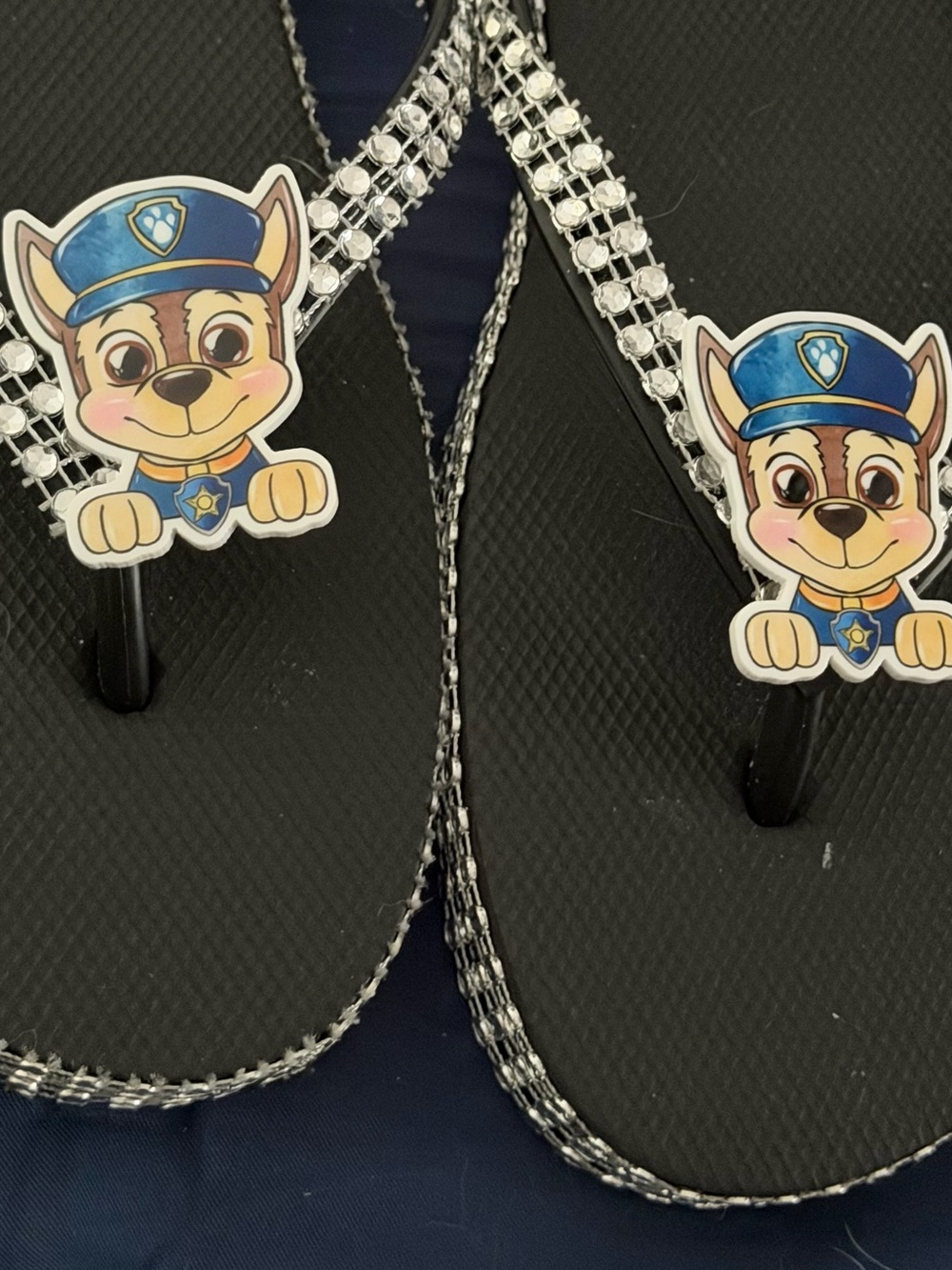 Black Flip Flops with Cartoon Police Dog Accent